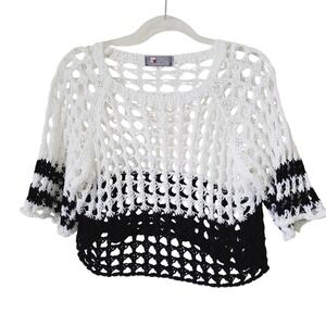 Tina‎ Stephens Cropped Crochet Sweater Top Black White Made In Italy Open Knit